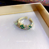 Elegante aleación geométrica con incrustaciones de cobre, perlas artificiales, diamantes de imitación, anillo abierto chapado en oro de 14 quilates
