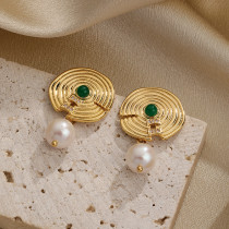 1 par de pendientes de gota chapados en oro de 18K con incrustaciones geométricas de estilo clásico Retro, perlas de agua dulce, resina de cobre y circonita