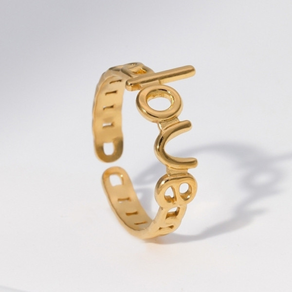 Anillo abierto hueco de acero inoxidable con letras de moda