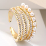 Anillos abiertos de circón de perlas artificiales con incrustaciones de cobre geométrico de estilo simple retro