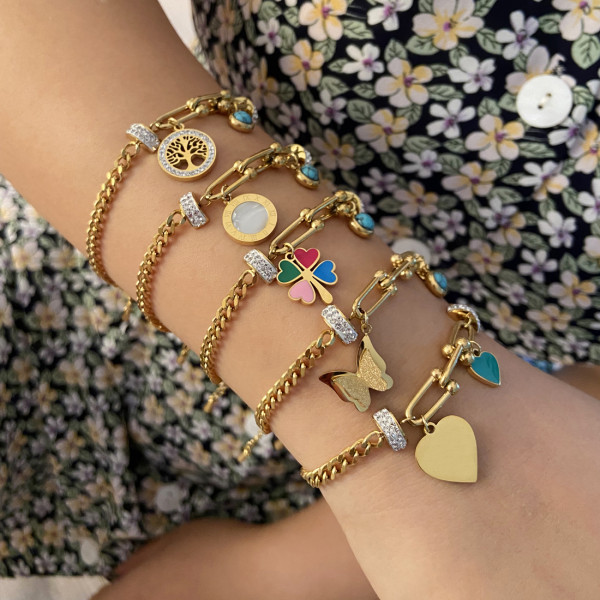 Pulseras de circón turquesa de acero inoxidable con forma de corazón de trébol de cuatro hojas estilo IG a granel