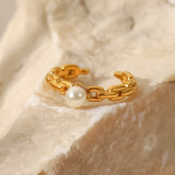 Anillo abierto geométrico de acero inoxidable con incrustaciones de perlas Anillos de acero inoxidable