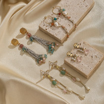 1 par de pendientes colgantes de circonita con ópalo y perlas de agua dulce de cobre con incrustaciones de cadena de borla exagerada Retro