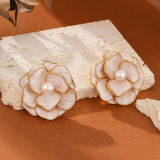 1 par de pendientes de perlas artificiales de cobre con incrustaciones de esmalte de flores para mujer