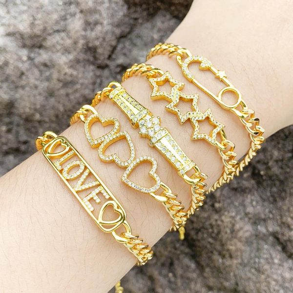 Clip de papel de moda estrella forma de corazón cobre chapado en oro ahueca hacia fuera pulseras de circón 1 pieza