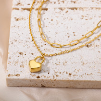 Collares de doble capa chapados en oro de cadena de acero inoxidable con forma de corazón de estilo simple