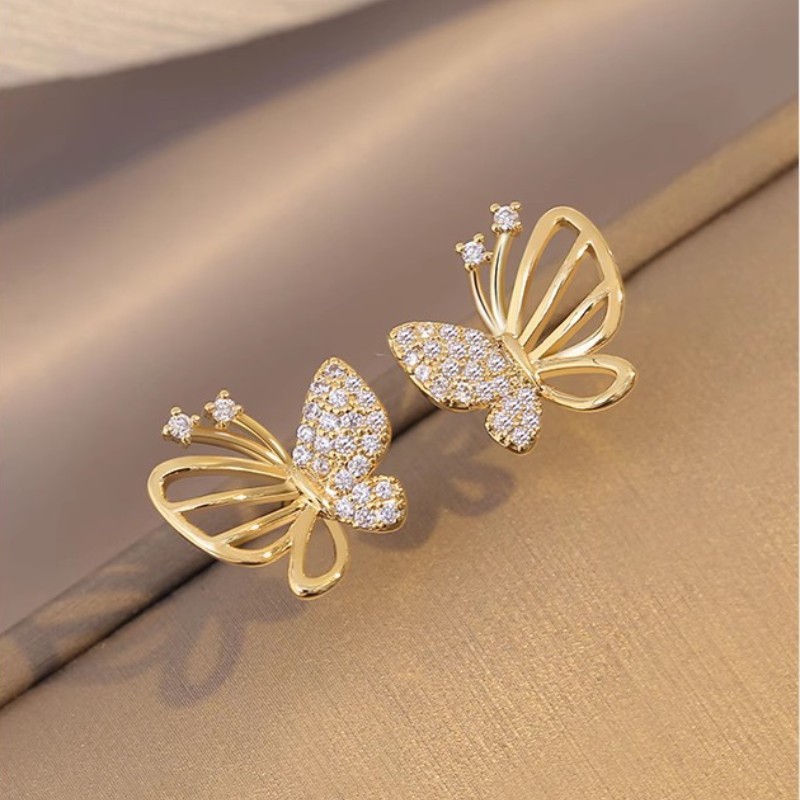 1 par de pendientes de circonita de cobre con incrustaciones de mariposa para mujer