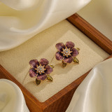1 par de pendientes de circonita con perlas artificiales de cobre con incrustaciones de esmalte pintado con flores dulces