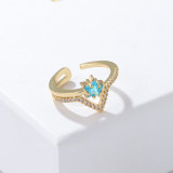 Anillos de cobre con forma de corazón de Chevron de amor a la moda, anillos de cobre con circonita de diamante chapado