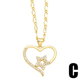 Collar con colgante chapado en oro de 18 quilates con incrustaciones de cobre y mariposa en forma de corazón de pentagrama de estilo simple