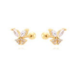 1 par de pendientes chapados en oro blanco con incrustaciones de mariposas de estilo Simple y bonito, circonita de cobre, chapado en oro blanco