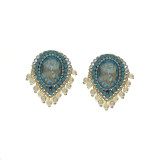 1 par de pendientes de diamantes de imitación de perlas artificiales de cobre con incrustaciones ovaladas de bloque de Color Retro