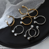 Anillo abierto geométrico de acero de titanio con perlas artificiales, anillos de acero inoxidable