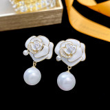 1 par de pendientes colgantes de circonita perla de cobre con incrustaciones de esmalte de flores de estilo Simple elegante