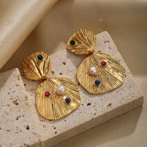 1 par de pendientes colgantes chapados en oro de 18 quilates con incrustaciones de piedras preciosas artificiales de cobre con incrustaciones redondas retro