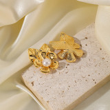Pendientes chapados en oro de 18 quilates con incrustaciones de flores y hojas de estilo básico Simple, 1 par