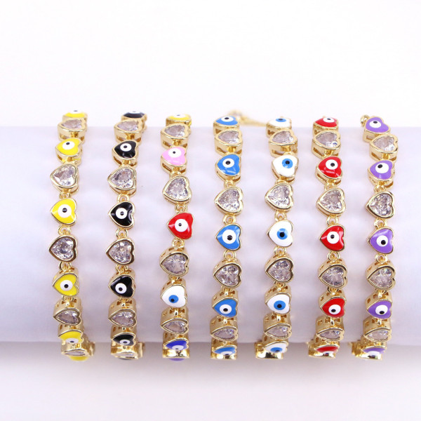 Pulseras de cobre con forma de corazón y ojo de moda, pulseras de cobre con circonita chapadas en oro esmaltadas