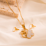 Collar De Pendientes De Diamantes De Imitación Con Incrustaciones De Acero De Titanio Y Mariposa De Flor De Moda 1 Juego