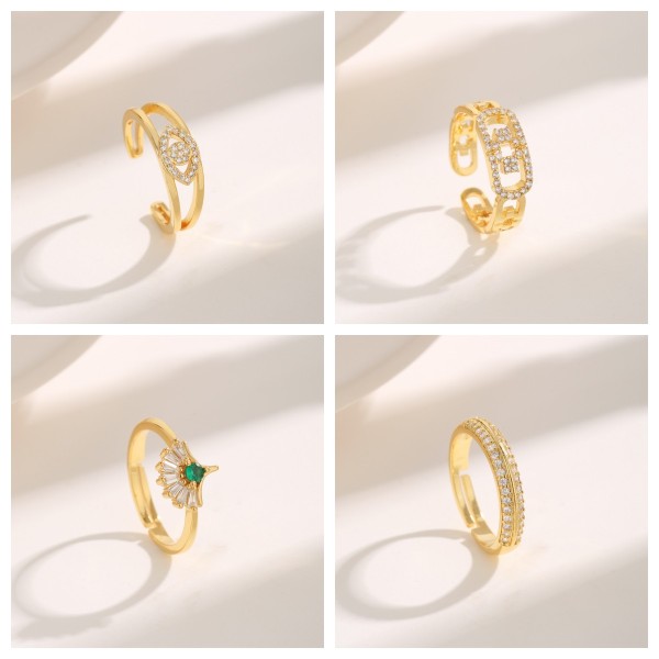 Anillos abiertos chapados en oro de 18K con incrustaciones de circonio hueco chapado en cobre con hoja de Ginkgo de ojo de viaje de estilo moderno