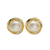 1 par de pendientes de circonita con perlas artificiales de cobre con incrustaciones redondas de estilo Simple