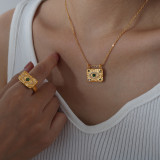 Collar de anillos chapados en oro de 18 quilates con incrustaciones de turquesa y diamantes de imitación cuadrados de ojo de diablo elegante y lujoso