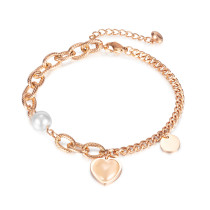 Cadena de pulseras de perlas artificiales de acero inoxidable con forma de corazón a la moda, sin pulseras de acero inoxidable con incrustaciones