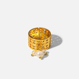 Anillo geométrico mismo, anillo abierto hueco de tres perlas de acero inoxidable de oro de 18 quilates