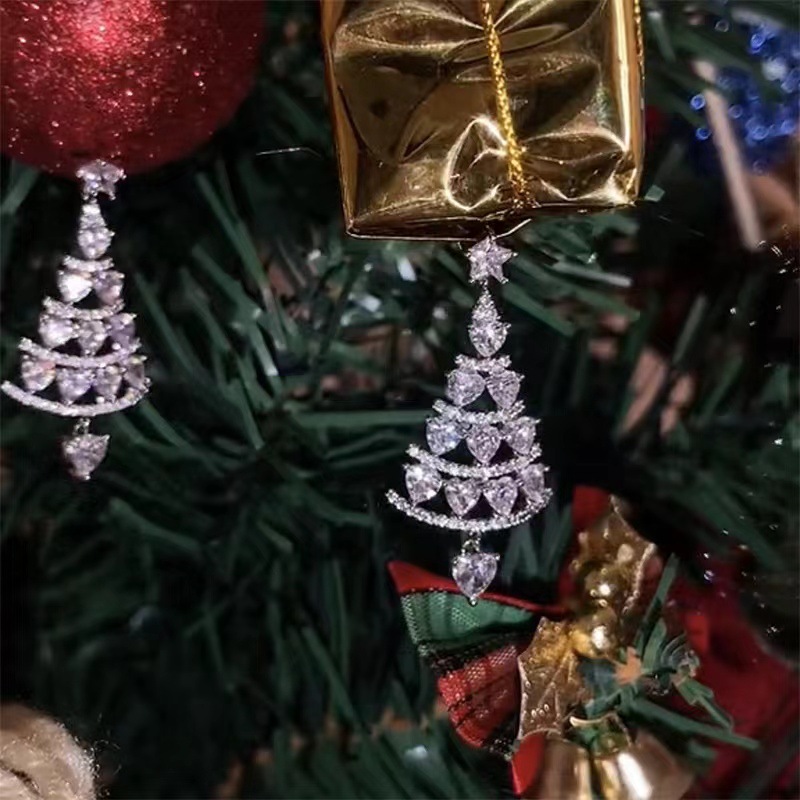 Pendientes de circonita con borlas de cobre y gotas de agua de árbol de Navidad a la moda, 1 par