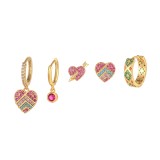 Conjunto de 5 piezas de aretes de circón chapados en oro y latón con forma de corazón y bloque de color retro