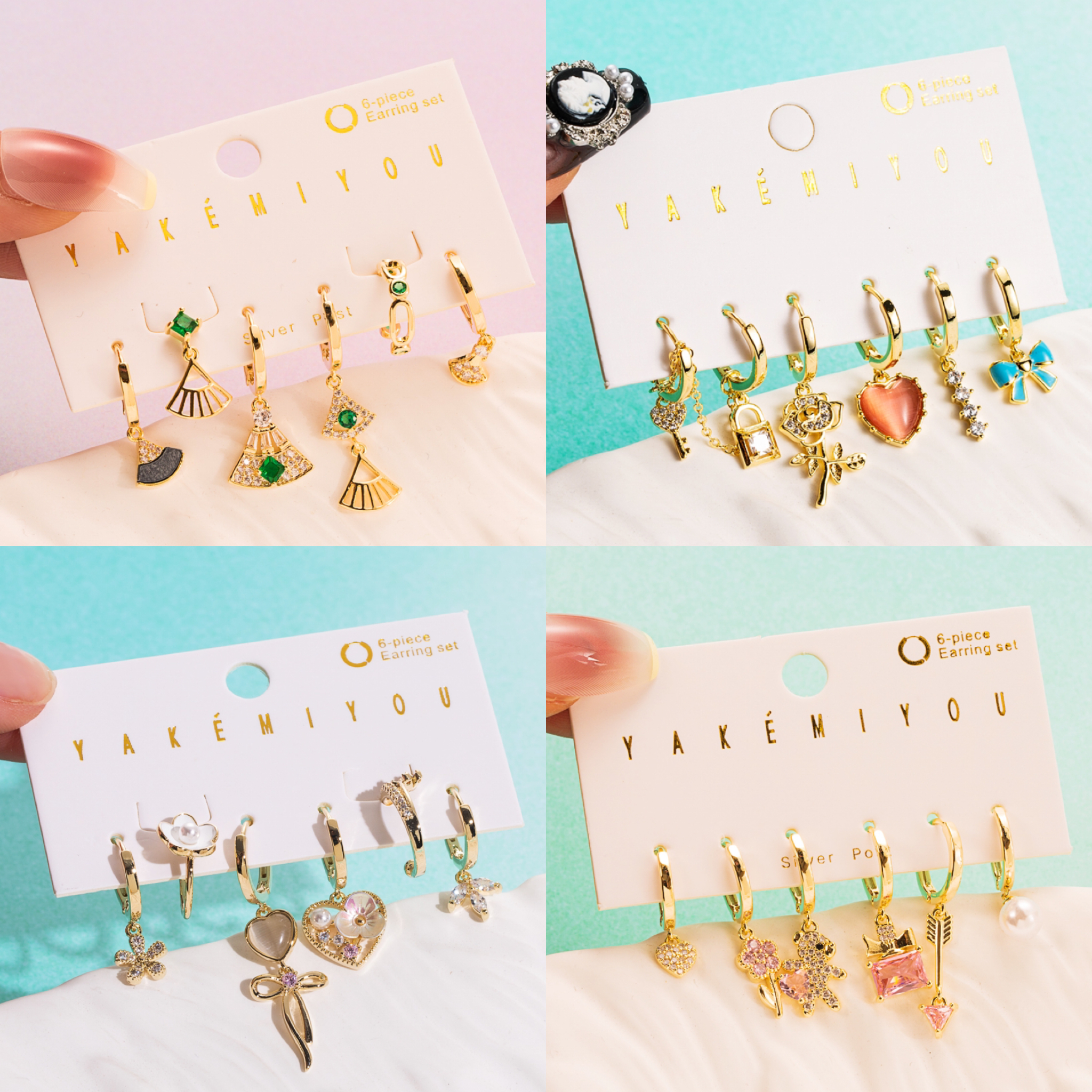 Pendientes chapados en oro de 14 quilates con circonita asimétrica de cobre y flor en forma de corazón dulce estilo IG