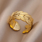 Anillo abierto de oro con incrustaciones de acero inoxidable de hoja de moda de 1 pieza