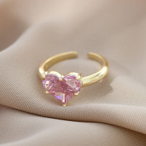 Anillo abierto de cobre con forma de corazón dulce, anillos de cobre con circonita chapada en oro, 1 pieza
