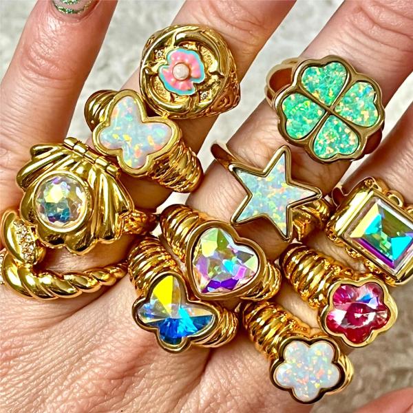 Anillos chapados en oro de 18 quilates con incrustaciones de cobre y forma de corazón dulce Glam