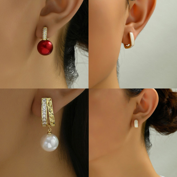 1 par de pendientes colgantes de circonita con perlas artificiales de cobre con incrustaciones de esmalte cuadrado redondo de estilo moderno