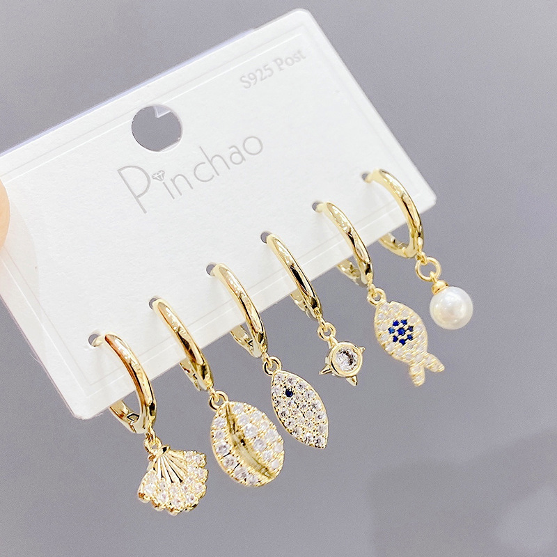 Pendientes colgantes de cobre con forma de concha y pez, aretes de cobre con incrustaciones de perlas asimétricas, 3 pares