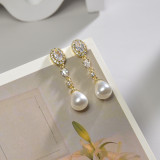 1 par de pendientes colgantes de circonita con perlas de cobre con incrustaciones de gotas de agua ovaladas de estilo Simple informal