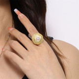 Elegante dama geométrica de acero inoxidable con incrustaciones de perlas chapadas en oro de 18 quilates anillos pendientes collar