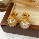1 par de pendientes de perlas de cobre con incrustaciones de flores en forma de corazón Retro elegantes