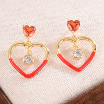 1 par de pendientes colgantes chapados en oro de 14 quilates con incrustaciones de cobre y circonita elegante en forma de corazón