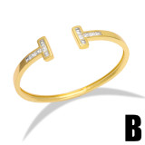 Pulsera De Cobre Abierta Con Doble T Con Incrustaciones De Diamantes De Moda