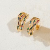 1 par de pendientes chapados en oro de 14 quilates con incrustaciones de bloques de color elegantes y circonitas de cobre