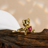 Anillos abiertos chapados en oro con circonita de cobre y forma de corazón de oso dulce lindo