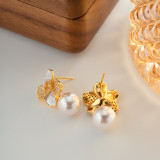 1 par de pendientes chapados en oro de 18 quilates con perlas de cobre y flores estilo INS