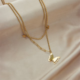 Collares de doble capa chapados en oro de 18 quilates con revestimiento de acero de titanio y mariposa de estilo simple