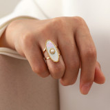 Anillo abierto de perlas artificiales con revestimiento de acero inoxidable ovalado de moda