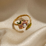 Anillos abiertos chapados en oro de 18 quilates con incrustaciones de esmalte de cobre y flores de hoja retro de estilo de hadas