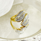 Elegante estilo vintage hojas planta acero inoxidable pulido metal chapado incrustaciones diamantes de imitación anillos chapados en oro