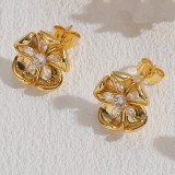 1 par de pendientes chapados en oro de 14K con incrustaciones de forma de corazón geométricas de estilo clásico lujoso y elegante con circonita y perlas de cobre