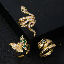 Nuevo Microconjunto de cobre chapado en oro, circonita, mariposa, serpiente, anillo de cobre abierto para mujer, accesorios