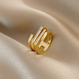 Anillo abierto de circonita con perlas artificiales y incrustaciones de cobre geométricas de moda 1 pieza